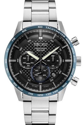 【金台鐘錶】SEIKO 精工 三眼計時錶 防水100M 43mm (黑面藍色錶框) SSB357P1