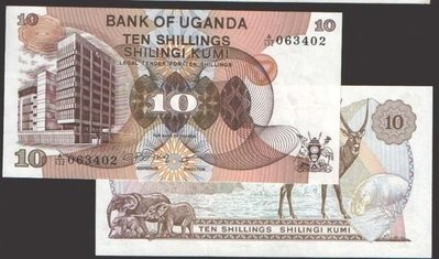 UGANDA（烏干達紙幣），P11，10-Shilling，ND(1979)，品相全新UNC