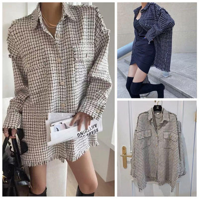 韓國➰🔅小香風編織流蘇寬鬆格子長袖襯衫 外套