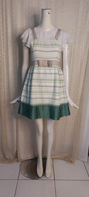 X635品牌MIXTY蘋果綠條文雪紡荷葉袖連身裙洋裝M