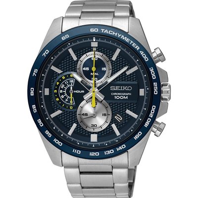 【金台鐘錶】SEIKO 精工 三眼計時男錶 不鏽鋼錶帶 防水100米 (藍面黃針) SSB259P1