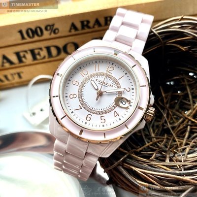 COACH手錶,編號CH00045,34mm粉紅圓形陶瓷錶殼,粉紅色香奈兒J12設計錶面,粉紅陶瓷錶帶款