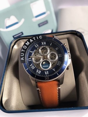 FOSSIL Grant 藍面鏤空錶盤 棕色皮革錶帶 羅馬 自動機械錶ME3140男士腕錶