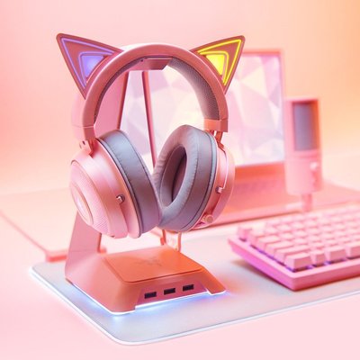 下殺-鍵盤Razer雷蛇粉晶套裝 粉色少女北海巨妖貓耳朵耳機/機械鍵盤/鼠標