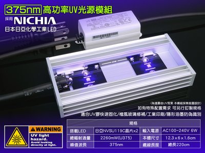 EHE】專業型375nm高功率UV光源模組(搭載日亞化NVSU119C LED)。日本NICHIA原裝晶片，適UV膠固化