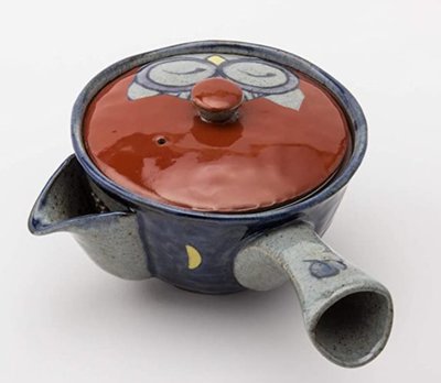 13373A 日本製 限量品 手工製 繪貓頭鷹陶瓷側把壺和風日式沖泡茶壺綠青茶葉濾網茶壺泡茶用具收藏品送禮禮品