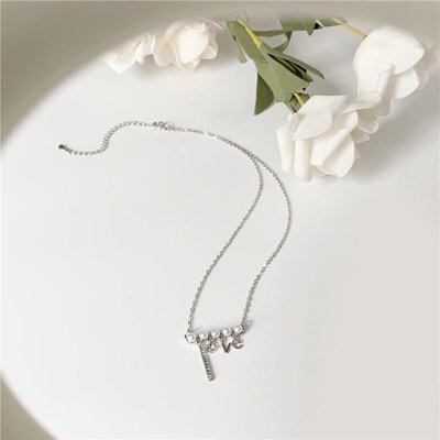 【現貨】韓版銀色LOVE字母珍珠水鑽項鍊項鏈