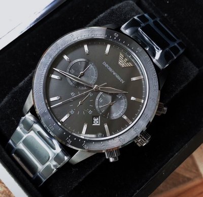 EMPORIO ARMANI Mario 黑色錶盤 黑色不鏽鋼錶帶 石英 三眼計時 男士手錶 AR11242