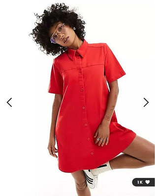 (嫻嫻屋) 英國ASOS-Monki 優雅時尚名媛紅色襯衫立領短袖洋裝AC24