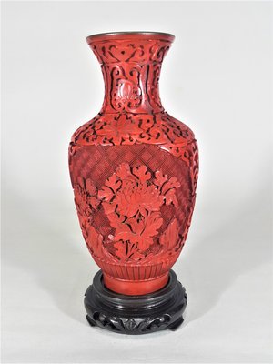 [銀九藝] 早期 高~17.5公分 花開富貴 銅胎剔紅 漆雕 漆器花瓶 (1)