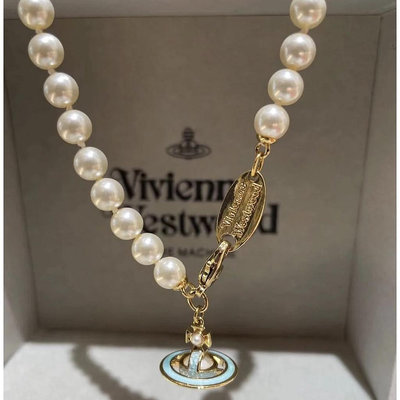 ALIN飾品商店Westwood Vivienne 琺瑯立體土星珍珠項鍊女法式星球鎖骨鏈