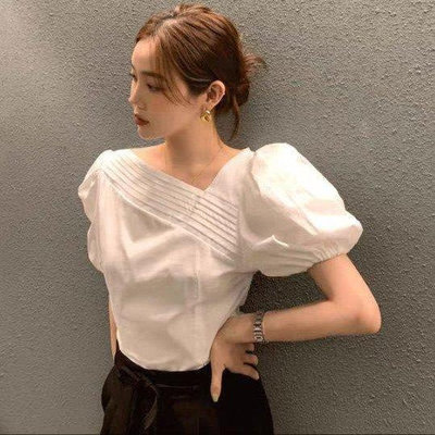 新品 韓國時尚氣質純色不對稱斜領壓褶泡泡袖收腰顯瘦設計感襯衫上衣