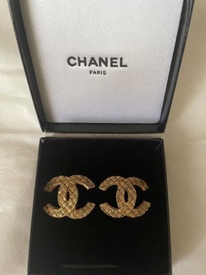 Chanel vintage香奈兒復古經典針織紋金色古董夾式耳環 耳釦