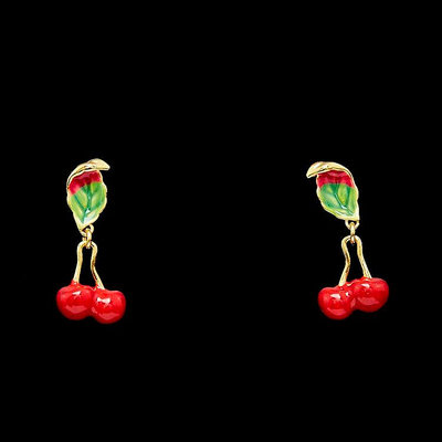 【Koaa海購】Les Nereides 琺瑯彩釉紅色櫻桃樹葉耳環網紅甜美氣質時尚水果耳釘生