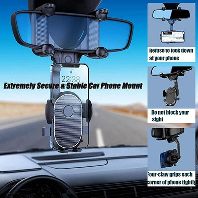 車載手機座通用旋轉可調手機支架 360° 後視鏡手機座 GPS 支架支架一鍵鎖, 用於手機 AR 導航滿599免運