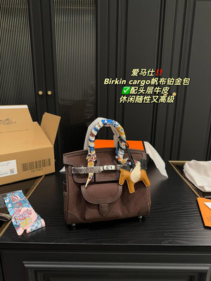 【二手包包】無盒尺寸23.18愛馬仕 Birkin cargo帆布鉑金包配頭層牛皮帆布皮革拼和口袋的設計讓bNO207340