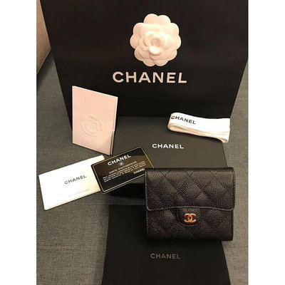 Chanel coco  降價 黑色 金釦 荔枝 牛皮 短夾 皮夾 零錢包