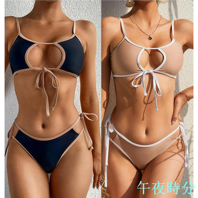 三月新款歐美比基尼背心式純色胸部鏤空綁帶兩件式bikini泳衣女