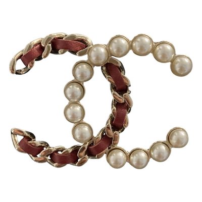 Chanel超美經典紅色穿皮鏈珍珠金色cc標誌胸針別針