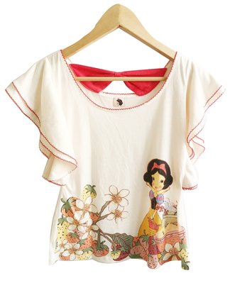 全新 Disney 白雪公主 公主風 可愛 甜美 設計感 蝴蝶袖 柔軟 短袖 上衣 S 米色