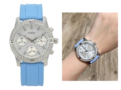 GUESS Confetti 鑲水晶銀色錶盤 藍色橡膠錶帶 石英 女士手錶 W1098L3
