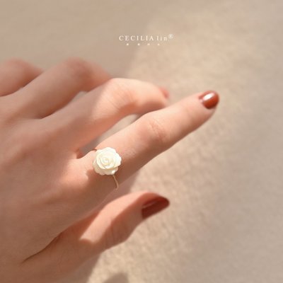 白玫瑰 天然貝母貝殼14K包金戒指時尚氣質網紅關節戒ins小眾復古~特價