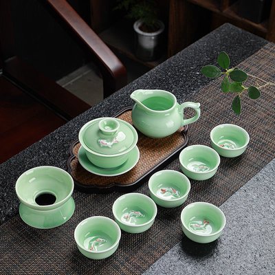 【茶杯】青瓷茶具陶瓷套裝家用蓋碗泡茶壺茶海茶漏鯉魚杯子整套功夫茶具