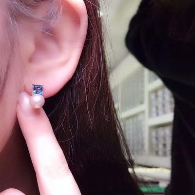 【珍珠耳環】天然珍珠耳環耳釘 配鑲天然托帕石 全淨倫敦藍 閃耀時尚清新