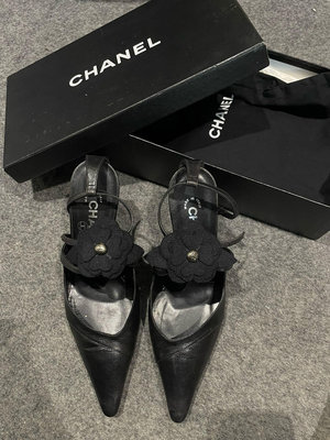 Chanel vintage 黑色山茶花小高跟鞋36碼03a