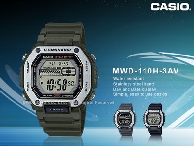 CASIO 手錶專賣店 國隆 MWD-110H-3A 數位男錶 強悍金屬 軍綠 膠質錶帶 防水100米 MWD-110H