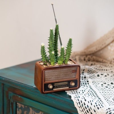 創意復古收音機造型擺件花盆 家居個性多用途盆栽 樹脂工藝品