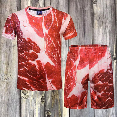 現貨：新品熱銷夏季惡搞五花肉短袖奇葩社會人搞怪豬肉短袖3D立體瘦肉衣服T套裝