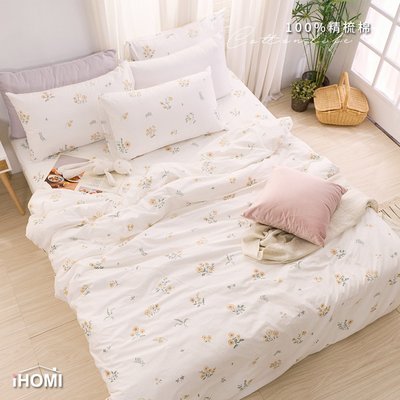 《iHOMI》台灣製 100%精梳棉雙人加大四件式舖棉兩用被床包組- 落花入盞 床包 雙人 精梳棉