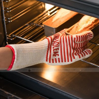 【嚴選SHOP】BreadLeaf  五指防滑隔熱手套(一雙) 耐高溫微波爐手套 烤箱手套 烘焙 矽膠條紋【B015】