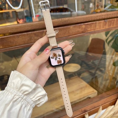 下殺-栗子棕色適用于applewatch蘋果手表表帶細真皮iwatch123456代SE