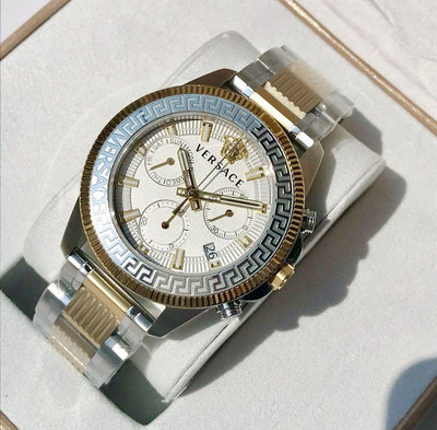 VERSACE Greca Action Chrono 白色面錶盤 金色配銀色不鏽鋼錶帶 石英 三眼計時 男士手錶 VE3J00522