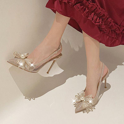 大碼女鞋 小碼女鞋 新款水晶婚鞋細跟尖頭珍珠伴娘新娘鞋歐美時尚包頭高跟涼鞋