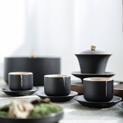 蓋碗茶碗觀意黑陶整套功夫茶具套裝茶海家用日式茶道創意茶壺蓋碗用品輕奢新款超夯 正品 現貨