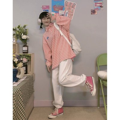【熱賣精選】貓力君自制 新款粉色長袖t恤女條紋衛衣polo衫日系學生粉紅色上衣