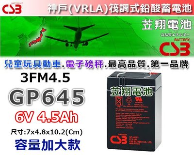 ☼ 台中苙翔電池 ►神戶電池 CSB電池 GP645 6V4.5 NP4-6 3FM4.5 兒童電動車 3-FM-4.5