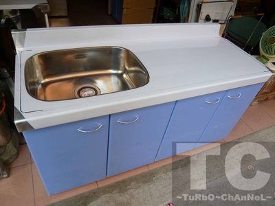 流理台【144公分洗台-左水槽】台面&amp;櫃體不鏽鋼 素面藍色門板 最新款流理臺