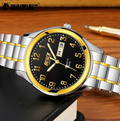 【潮鞋基地】BOSCH保西尼正品鋼帶鍍金男士雙日曆大數字石英手錶 夜光復古手錶