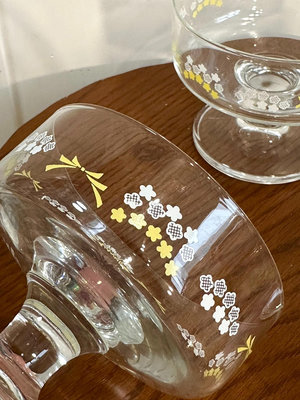 日本中古 復古 黃色蝴蝶結 小花 高腳玻璃刨冰碗