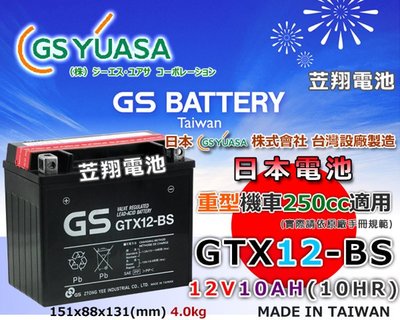 ☼ 台中苙翔電池 ►日本GS YUASA 電池 GTX12-BS (YTX12-BS / FTX12-BS) 重機電池