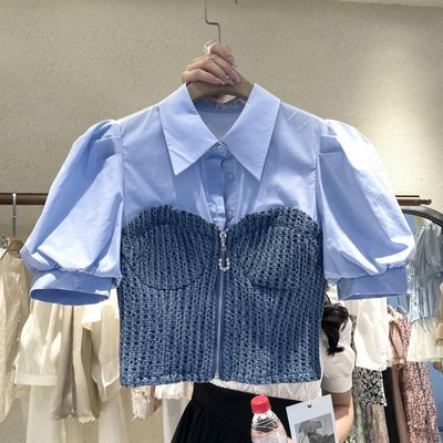 雲邊-韓國東大門2022年夏季女裝新款設計感拼接疊穿假兩件短款襯衫上衣
