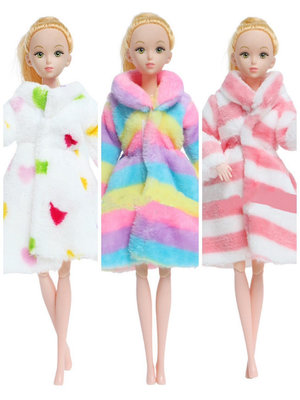 芭比 彩虹 絨毛 大衣 外套 條紋 娃娃 服裝
