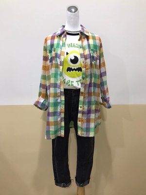 轉賣~A-SO-BI 繽紛紫橘綠格紋果凍釦長版長袖襯衫