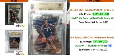 2019-20 select zion williamson BGS 10 鑑定卡 非doncic lamelo 可參考