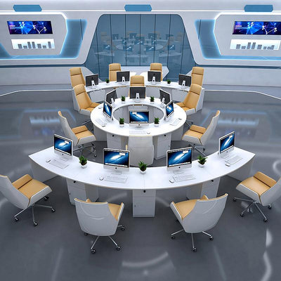 職員辦公桌創意弧環形3/4/6人位員工工位桌椅組合圓形工作位定制5