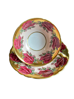 稀有paragon帕拉貢漂浮玫瑰花環粉色重金骨瓷杯盤